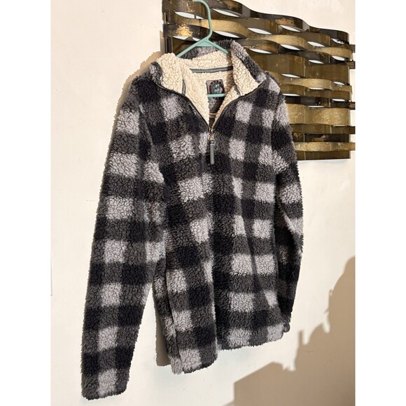 Cabin Fever By Ramatex Sherpa Quarter Zip Men's Small Black White Plaid Fleece - Picture 2 of 10